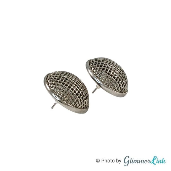 Geometric Silver Tone Round Mesh Windscreen Button Dome Post Earrings - Picture 2 of 8